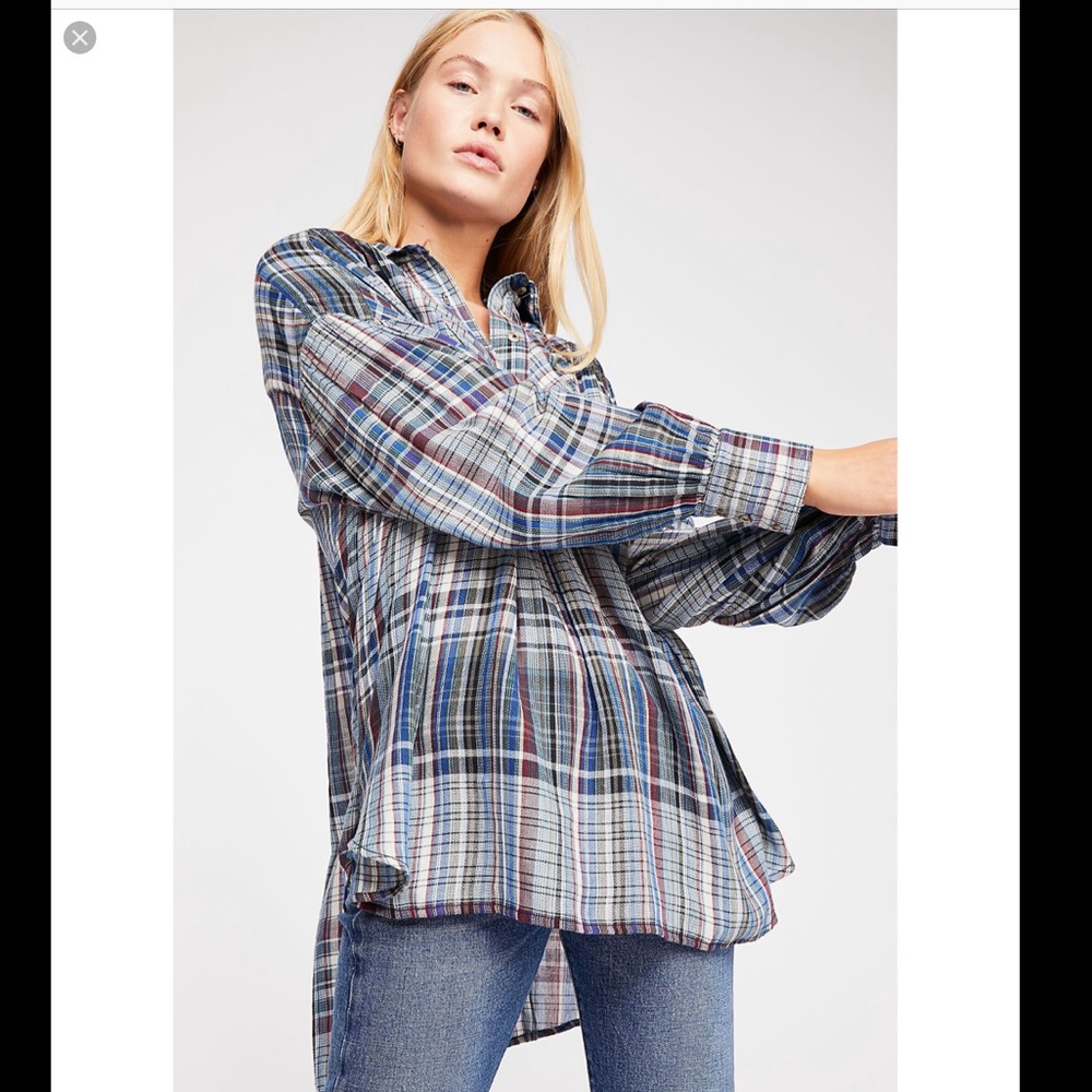 Free People NWOT Rainbow Days blue plaid tunic